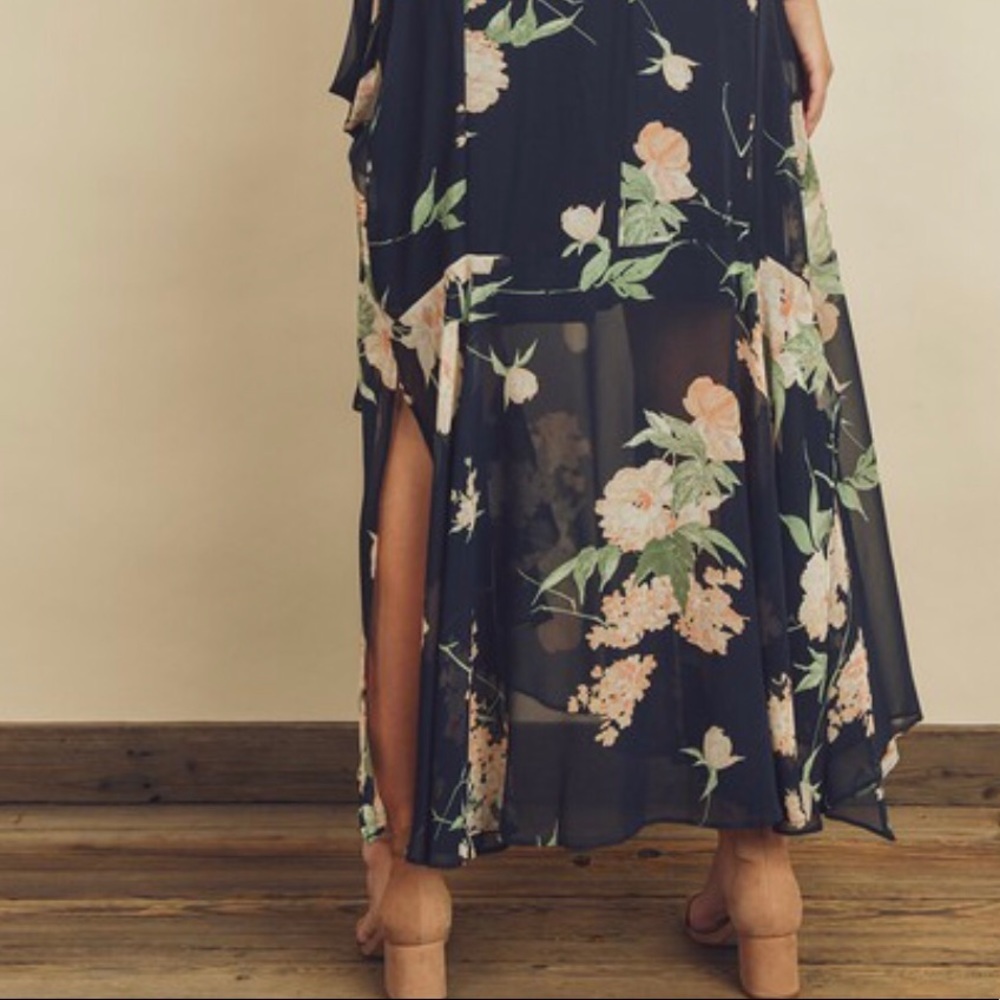 Navy floral flared hem wedding guest maxi dress - Picture 6 of 7